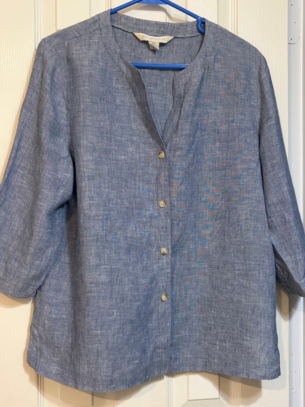 100% Linen Button Front Blouse Top Blue Petite Small